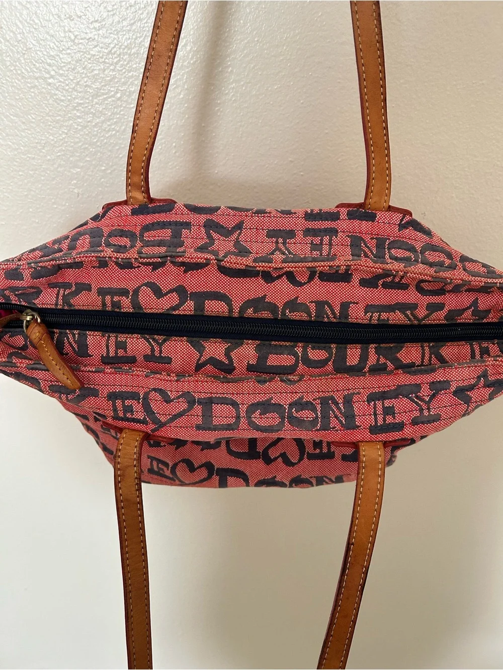 Dooney & Bourke Pink Logo Canvas Tote with Tan Leather Trim